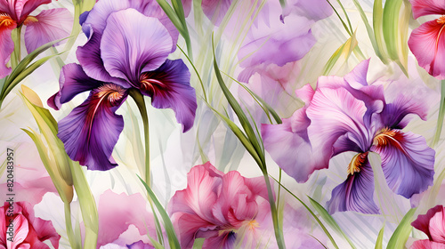 Watercolor purple iris flowers pattern in boho style, seamless floral wallpaper