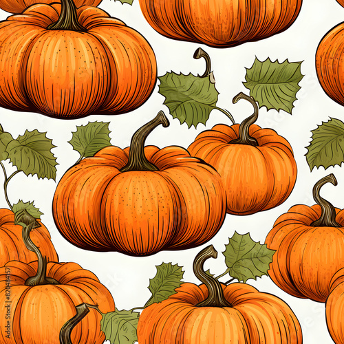Fresh orange pumpkins pattern on white background, seamless print background