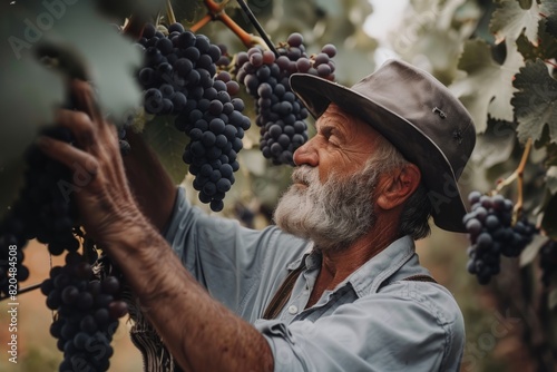 Vineyard Owner Inspecting Ripe Grapes on The Vine, With a Sense of Pride and Anticipation For The Upcoming Harvest, Generative AI photo