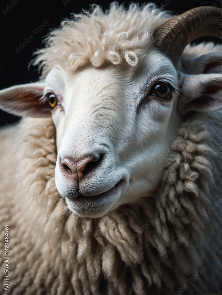 sheep closeup face portrait on black background from Generative AI sheep closeup face portrait on black background from Generative AI