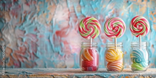 Colorful lollipops in a classic sweet shop, glass jars, pastel colors, watercolor style, ample copy space