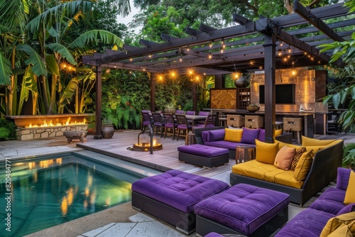 A modern outdoor living area with an unlit pool and purple and yellow couches under the shade of a wooden arbor in front of a dining table surrounded by chairs. © adri