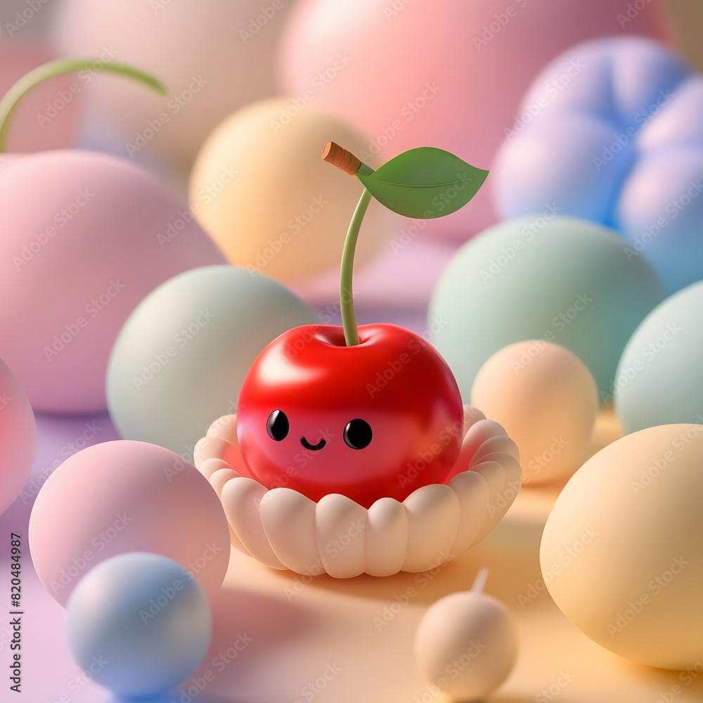 Obraz premium A cute red color cherry food 3d render illustration on pastel background. Sweet Cherry food icon. Kids food