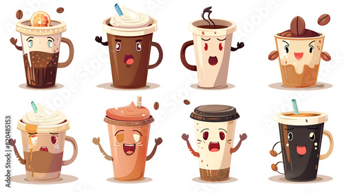 Coffee character Vintage cute cups with legs and arms, generative Ai