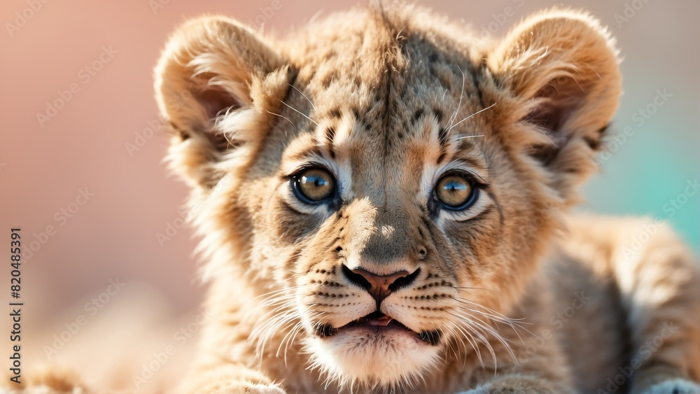 Obraz premium cute baby lion on bright pastel color background from Generative AI