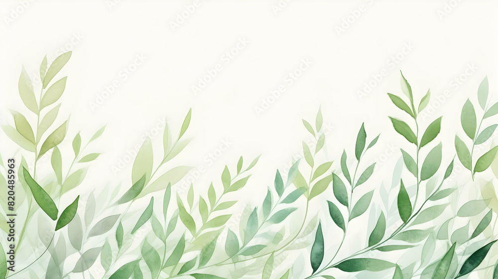 Green twigs on beige background, watercolor abstract card or banner with copy space