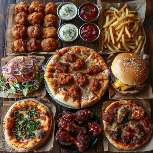 A variety of fast food dishes including pizza, chicken wings and French fries are laid out on an old wooden table with empty boxes for ready-to-eat plates. High viewing angle