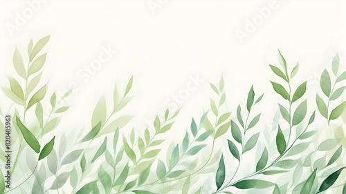 Green twigs on beige background, watercolor abstract card or banner with copy space