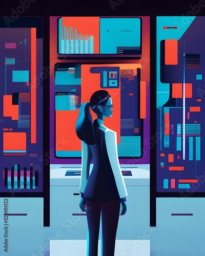 Female Data Scientist Immersed in Captivating Data Visualizations in Sleek Minimalist Laboratory