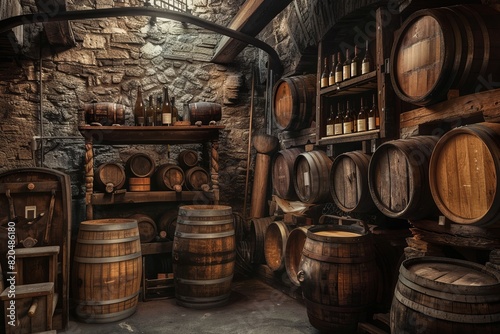 Rustic Wine Cellar Filled With Oak Barrels, Showcasing The Aging Process and Rich History Behind Each Bottle, Generative AI