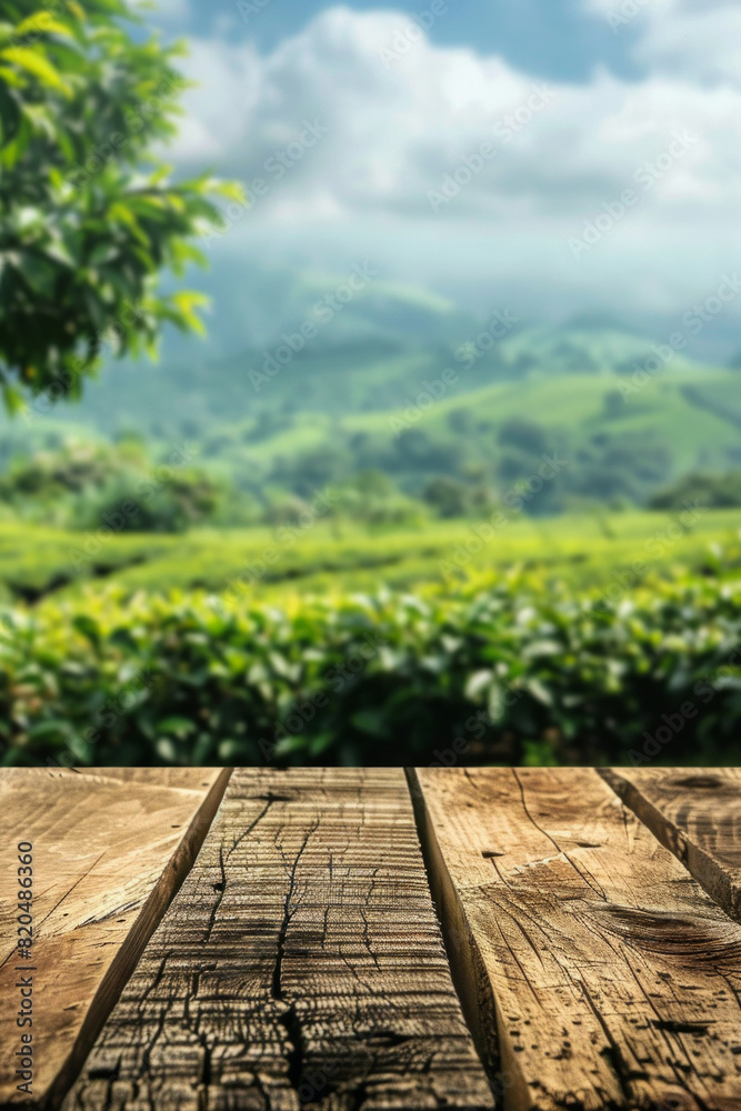 A wooden desk top with blurred background of tea plantation. Good for background 