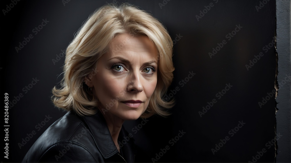 middleaged blonde woman peeking on a wall on plain black background from Generative AI middleaged blonde woman peeking on a wall on plain black background from Generative AI