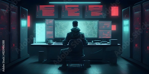 A DevOps Engineer Commanding a State of the Art Futuristic Control Center with Cinematic Visuals and Dramatic Lighting