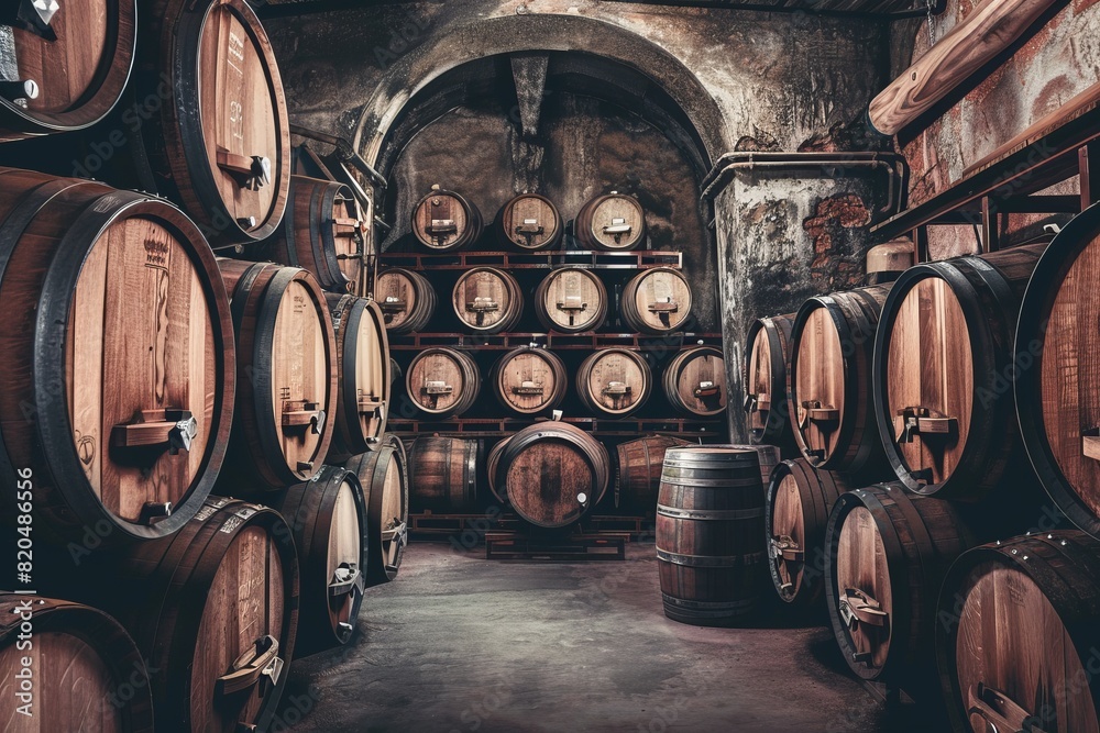 Rustic Wine Cellar Filled With Oak Barrels, Showcasing The Aging Process and Rich History Behind Each Bottle, Generative AI