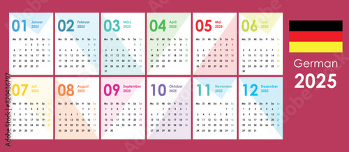Colorful geometric calendar in German for 2025. 12 months, vertical cards