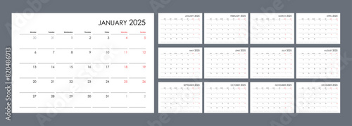 Planner calendar for 2025. Wall organizer, yearly template. Set of 12 months in English. 