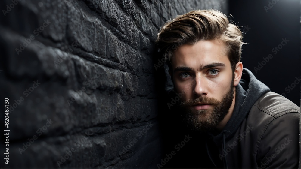 Fototapeta premium young bearded man peeking on a wall on plain black background from Generative AI