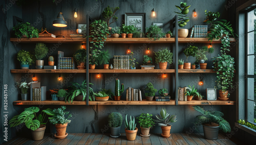 Wooden shelf and plants in a room. Created with Ai