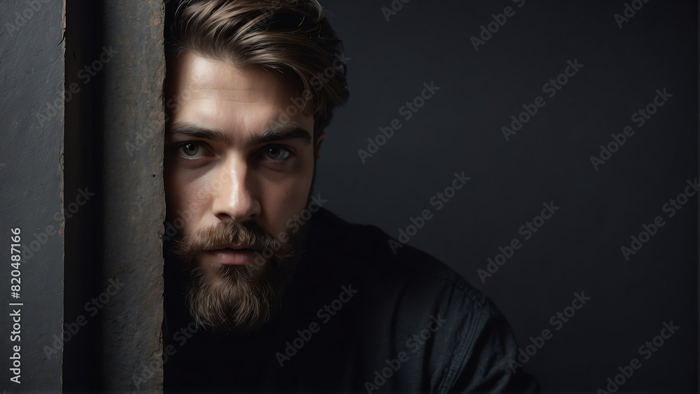 Fototapeta premium young bearded man peeking on a wall on plain black background from Generative AI