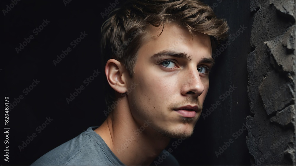 young caucasian man peeking on a wall on plain black background from Generative AI