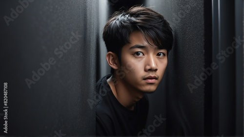 young asian man peeking on a wall on plain black background from Generative AI