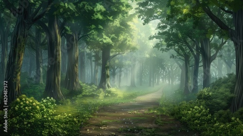 A misty forest with towering trees, offering a mysterious and enchanting background