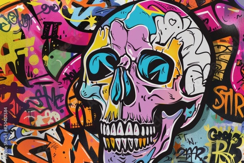 Cartoon cute doodles of a graffiti skull covered in vibrant street art and graffiti tags  Generative AI