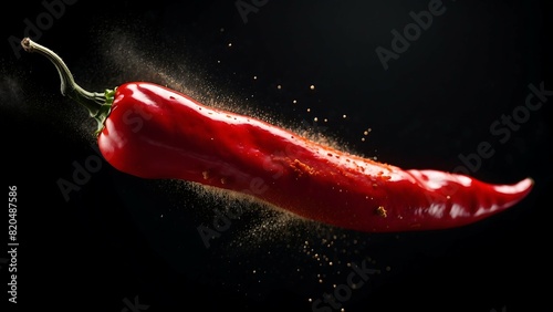 Spicy Red chili peppers suspended in mid-air against a black background, Red hot chili pepper photo