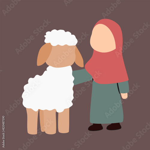 cartoon of muslimah character and a sheep for eid al adha photo