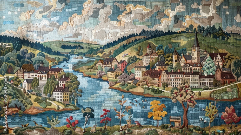 Fototapeta premium A detailed, colorful mosaic artwork depicting a scenic river flowing through a charming village surrounded by lush hills and trees.