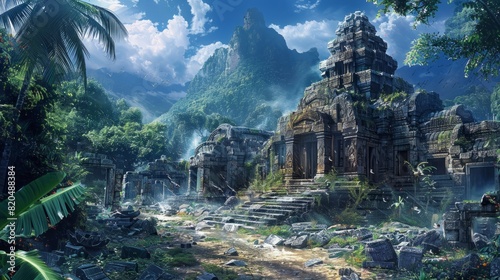 Ancient temple ruins in a lush jungle with mountains in the background  covered in greenery and bathed in sunlight.