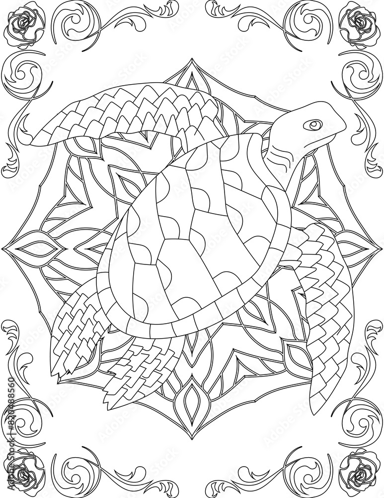 Fototapeta premium Sea Turtle on Mandala Coloring Page. Printable Coloring Worksheet for Adults and Kids. Educational Resources for School and Preschool. Mandala Coloring for Adults