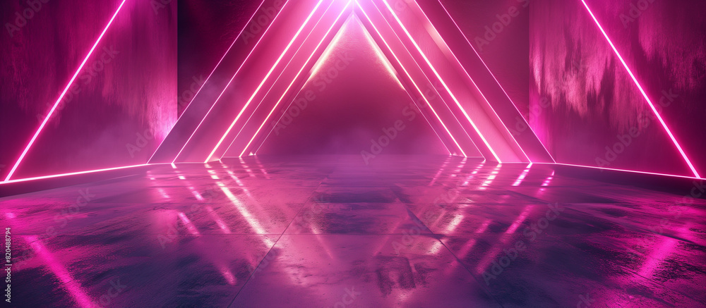 Ruby lavender mint color neon abstract background with glowing triangle lines ultraviolet light laser show wall reflection triangular shape.
Ruby lavender mint color neon abstract background with glowing triangle lines ultraviolet light laser show wall reflection triangular shape.