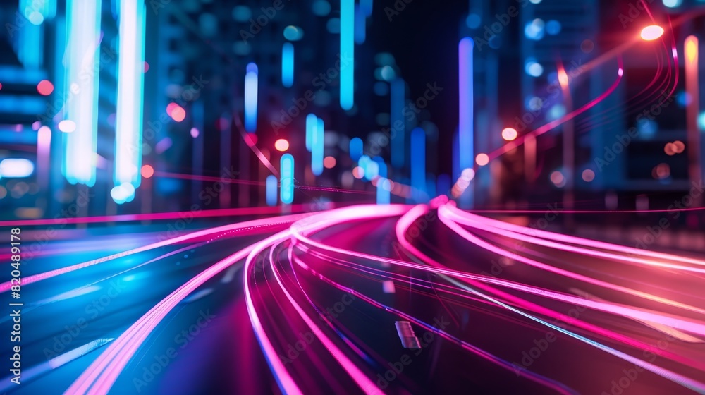 Fototapeta premium Dynamic neon light trails in an urban cityscape, capturing the energy and speed of modern nightlife. Perfect for technology and urban concepts.