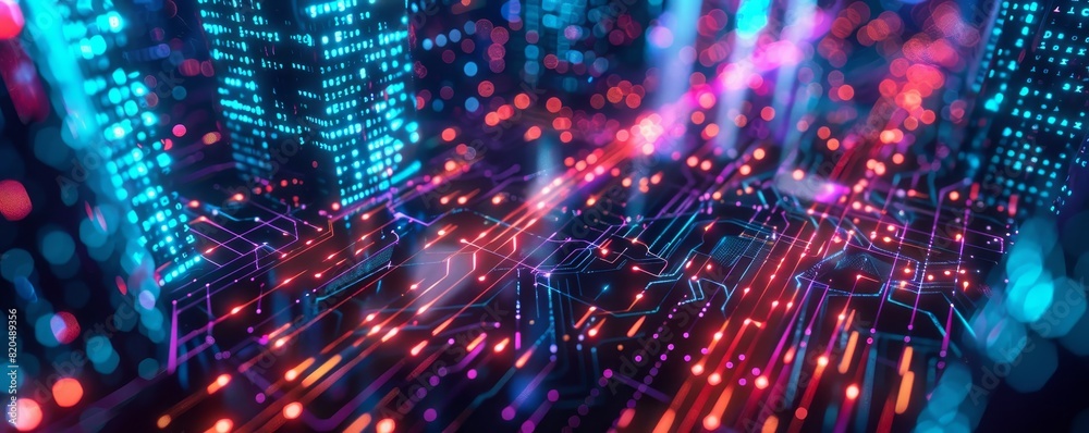 Fototapeta premium Futuristic digital cityscape with vibrant neon lights and data streams depicting modern technology and advanced communication networks.