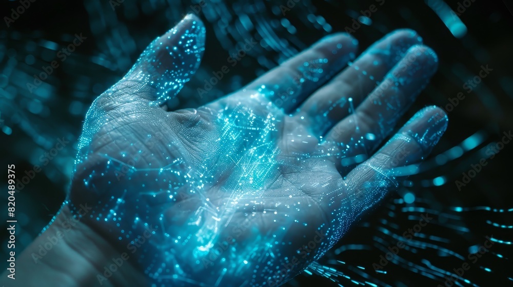 Fototapeta premium Futuristic hand with glowing network, represents technology, data exchange, and digital innovation. High-tech, innovation concept image.