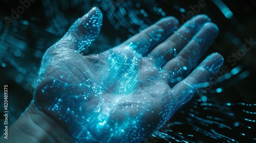 Futuristic hand with glowing network, represents technology, data exchange, and digital innovation. High-tech, innovation concept image.