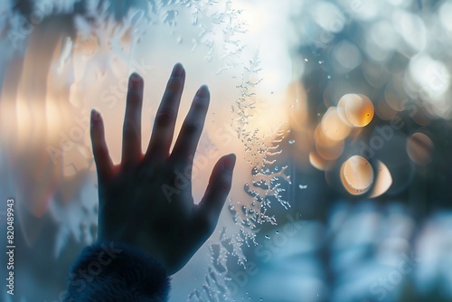Defocused hand silhouette behind frosted glass photo