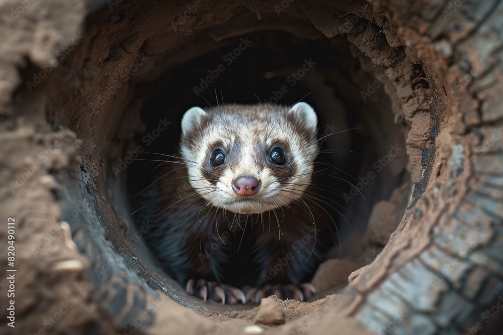 Obraz premium Ferret exploring a tunnel, space for text
