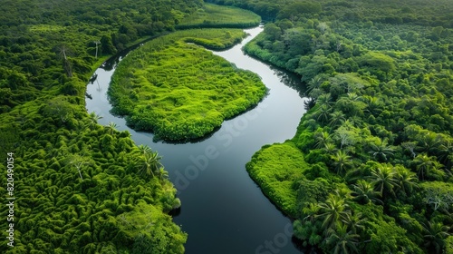 Aerial view of a meandering river through lush green countryside