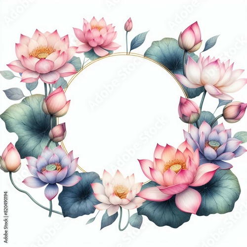 A lotus flower frame border with copy space in watercolor style isolated on white background, ready for element design