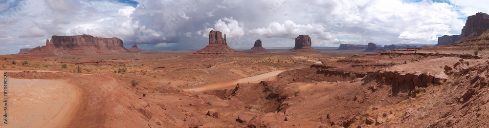 Visiting Monument Valley, red rock landscape panorama, famous buttes ahead, Driving by Loop road, moody sky Visiting Monument Valley, red rock landscape panorama, famous buttes ahead, Driving by Loop road, moody sky