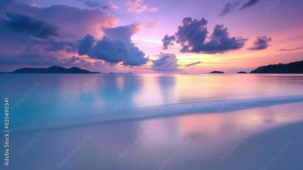 A tranquil beach at sunset, with pastel-colored skies reflecting on the calm water