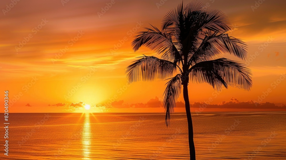 A solitary palm tree silhouetted against a stunning orange sunset over a calm ocean horizon A solitary palm tree silhouetted against a stunning orange sunset over a calm ocean horizon