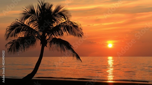 A solitary palm tree silhouetted against a stunning orange sunset over a calm ocean horizon