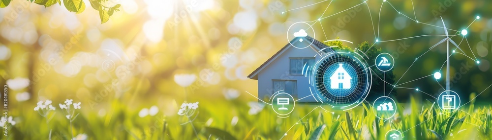 Naklejka premium Smart home technology concept with a house icon in a nature setting, emphasizing connectivity, sustainability, and eco-friendly living.