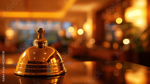 Elegant hotel reception featuring a classic service bell against a softly blurred background.