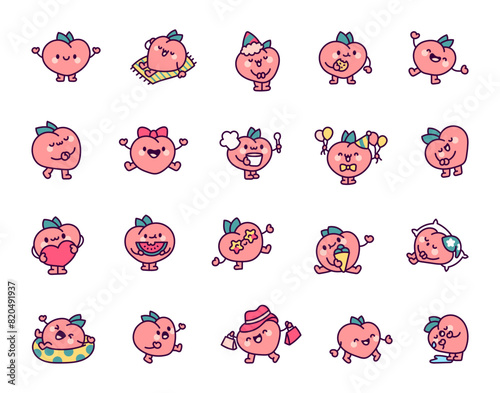 Cartoon peach character. Funny fruit hero. Hand drawn style. Vector drawing. Collection of design elements.