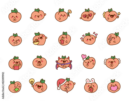 Cute kawaii peach with a smile. Cartoon character. Hand drawn style. Vector drawing. Collection of design elements.