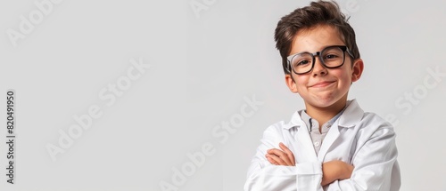 Boy in scientist lab coat on white background with copy space,
